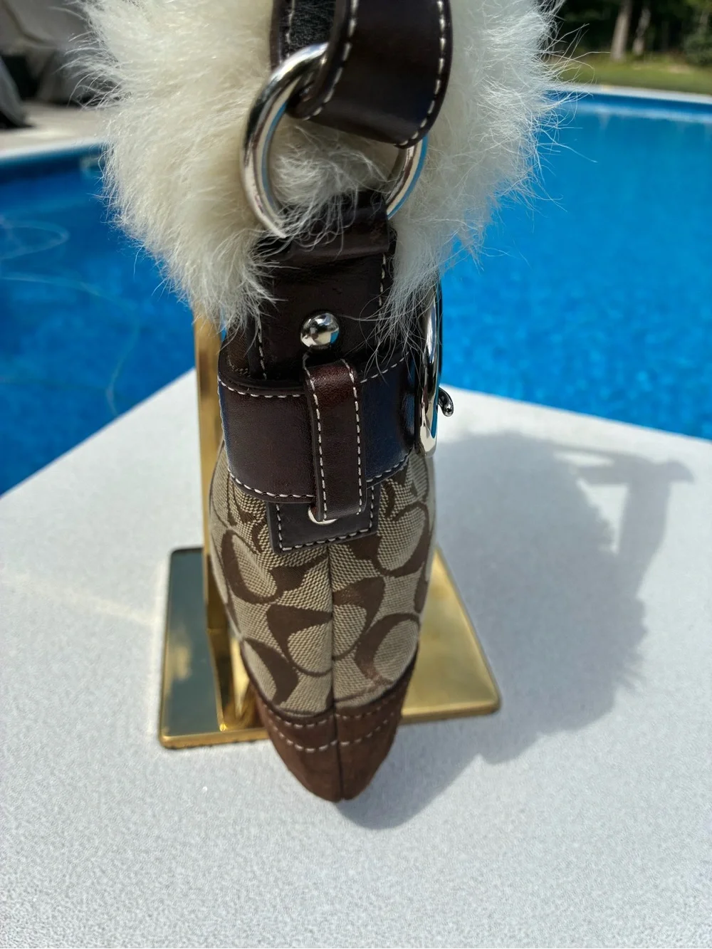 Coach F0528K47 Signature Shearling Fur Trim Shoulder Bag Brown Y2K